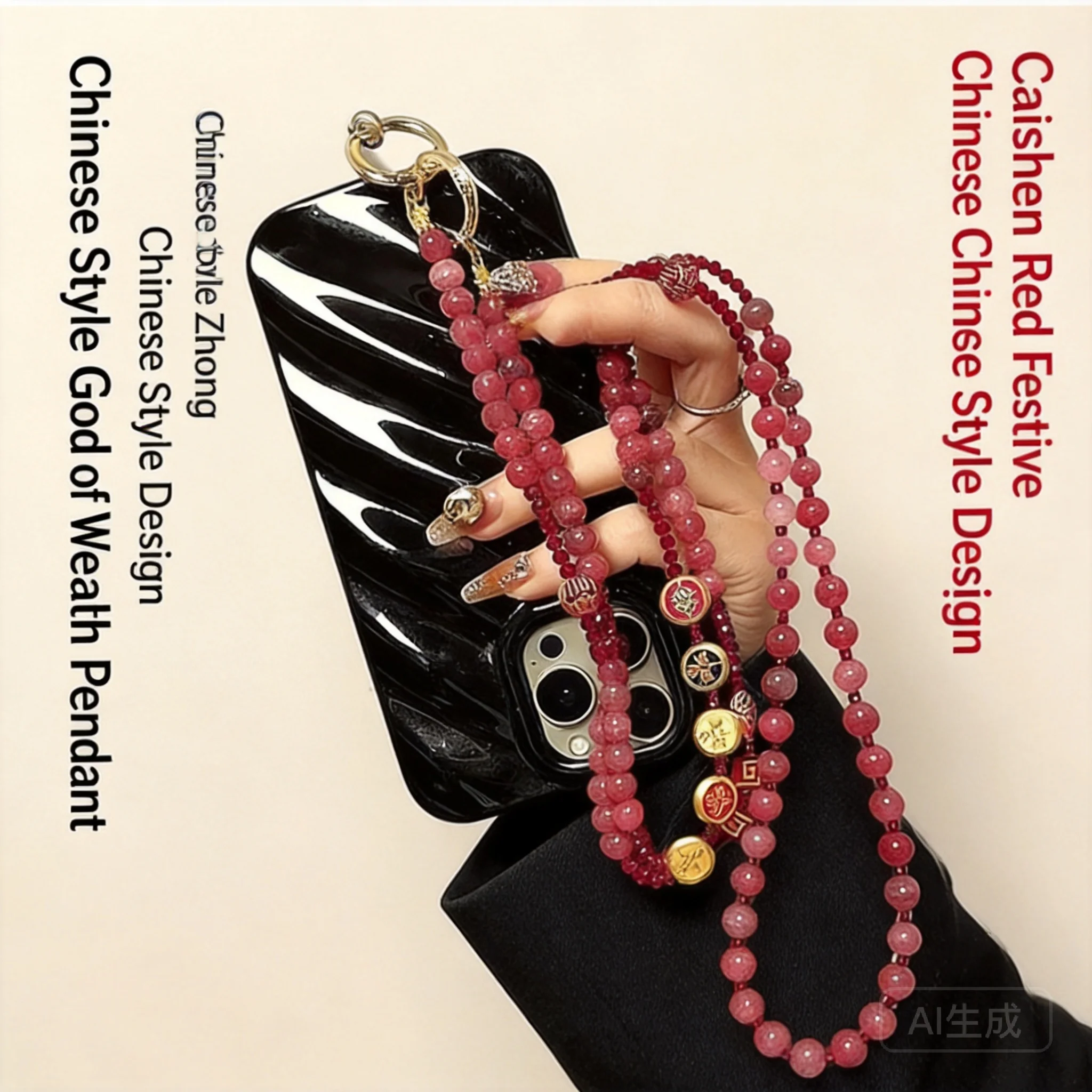 Chinese Style Lucky Fortune God Red Pink Crystal Beaded Long Crossbody Lanyard Chain Universal For Phone Case Bags Women Fashion
