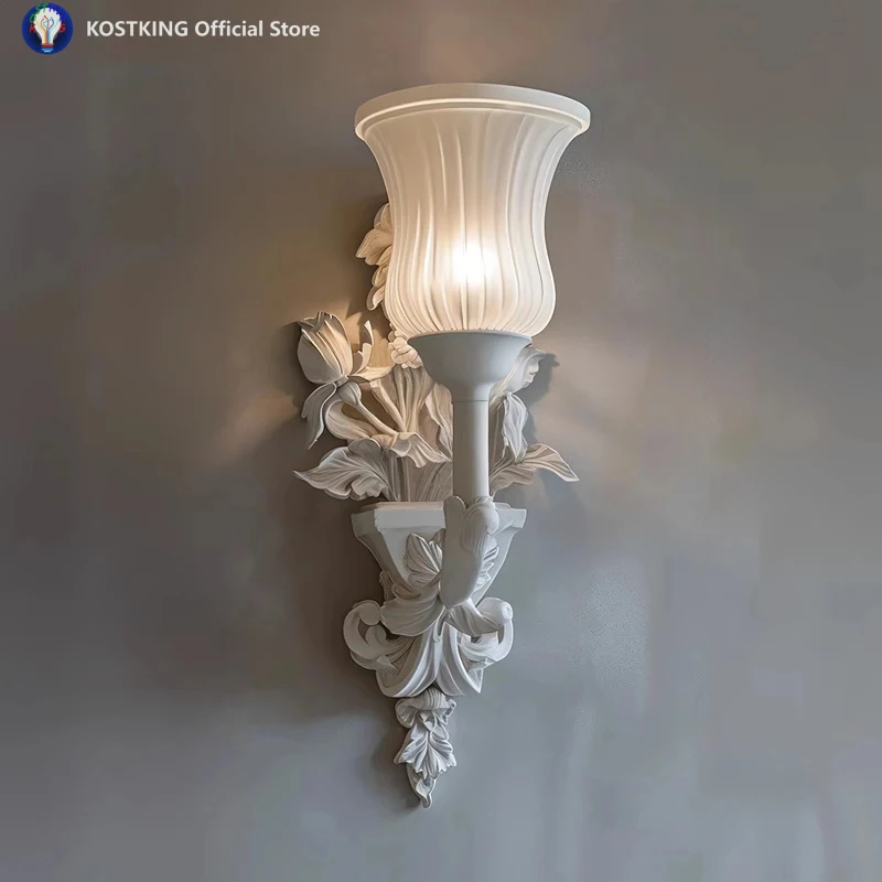French Bedroom Wall Lamp, Living Room Entrance Corridor Background Engraved Art Light, Court High Sense White Flower Wall Sconce