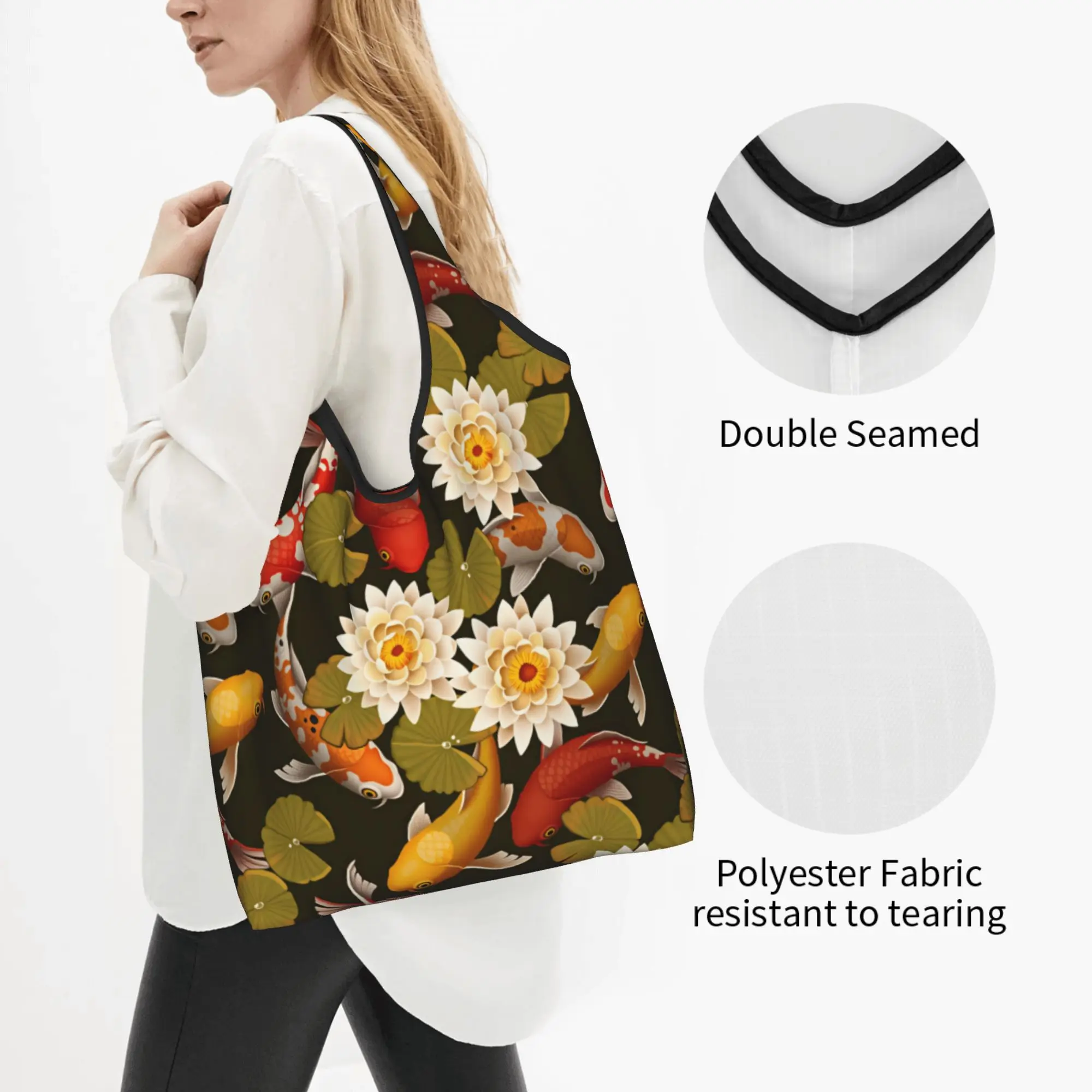 Koi Fish Japanese Style Groceries Tote Shopping Bags Women Kawaii Lotus Flowers And Lily Pads Shoulder Shopper Bags Handbags