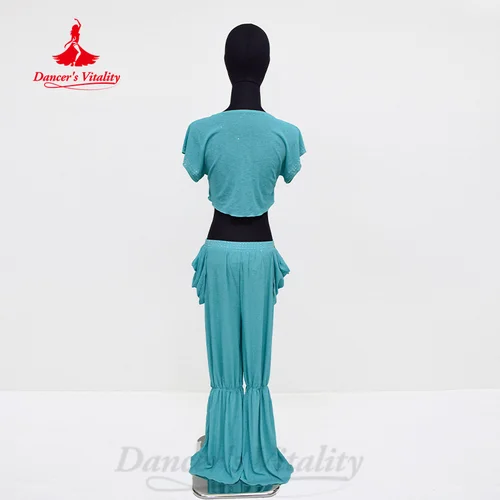 Imagen 2 del producto Conjunto de ropa de práctica de danza del vientre para niños, Top de manga corta + Pantalones, traje de danza del vientre personalizado, traje Oriental para niños, 2 piezas