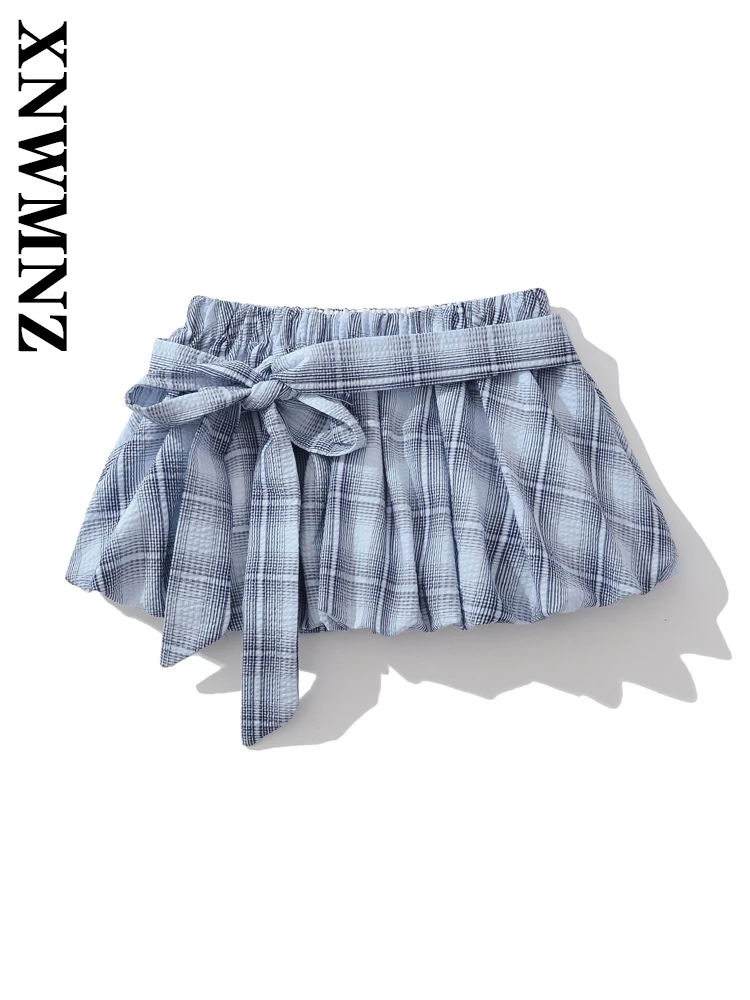 

XNWMNZ 2025 Summer New Woman Sophisticated Skirt Pants High Waist Commuting Woman's Bottoms Bowknot Mini Skirt Print belt Plaid