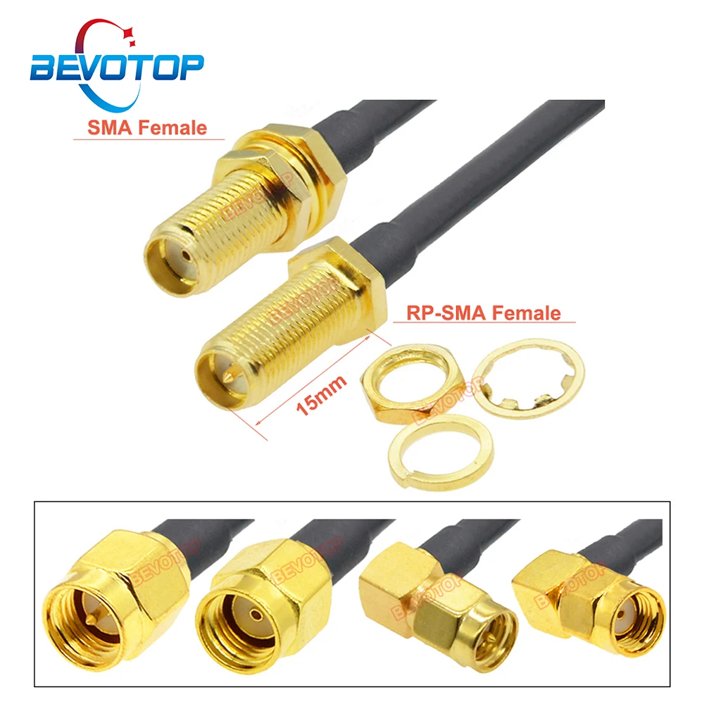 1PCS 15MM Thread RP-SMA/SMA Female Bulkhead to RP-SMA/SMA Male RG58 Cable 50ohm RF Coaxial Pigtail WiFi Antenna Extension Jumper
