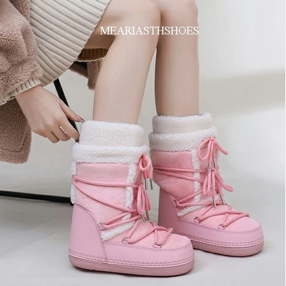 

2026 Winter Fur Boots Snow Boots Women pink Fluffy Fuzzy Furry Faux Fur Boots Middle Calf Platform Pink Black White Furry Boots