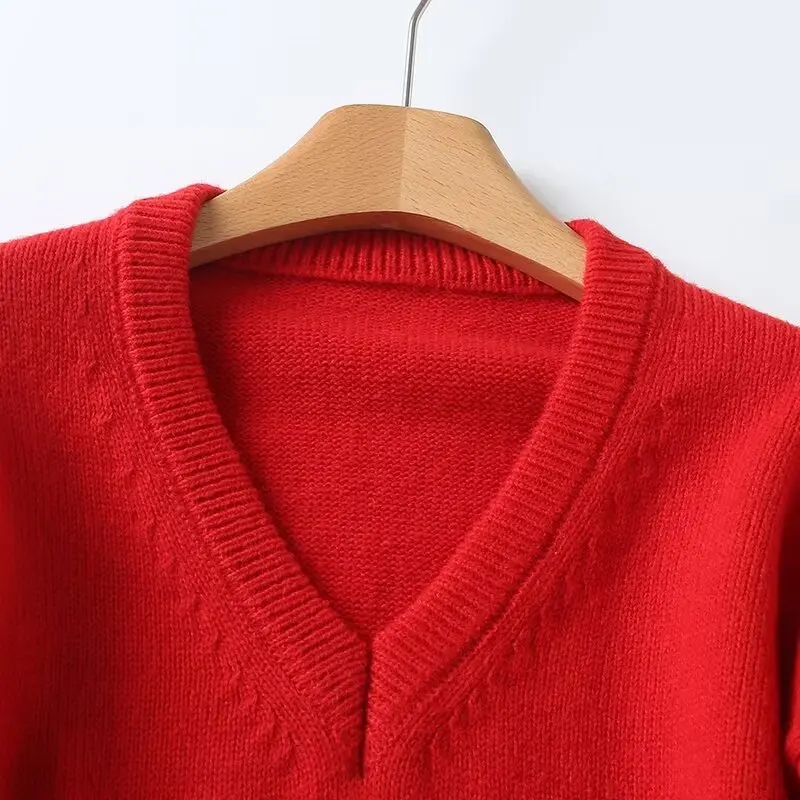 Tangada 2024 Women V Neck Red Oversized Sweaters Long Sleeve Female Jumper 4C008