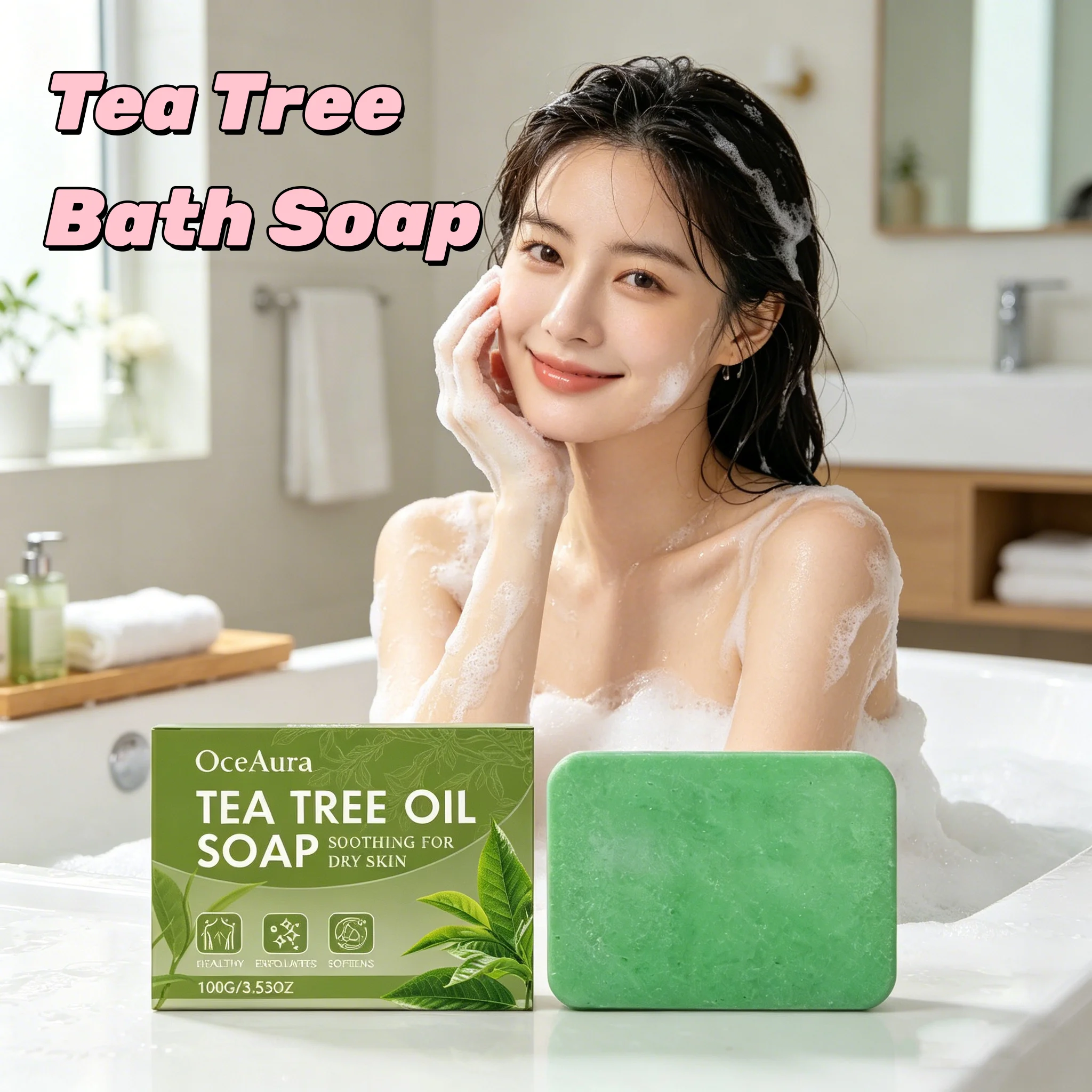 OCEAURA Tea Tree Bath Soap Long-Lasting Fragrance Firm Skin Reduce Fine Lines Remove Body Odor Deep Cleaning Skin Soothing Soap