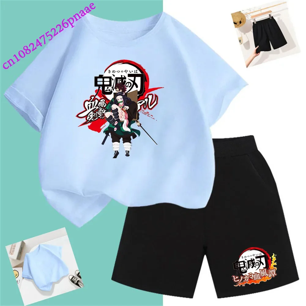 Demon Slayer t shirt Fashion Summerdress2024 Short Kid Short T-shirt Baby Tee Sets Fashion Casual O-neck Breathable KawaiiShorts