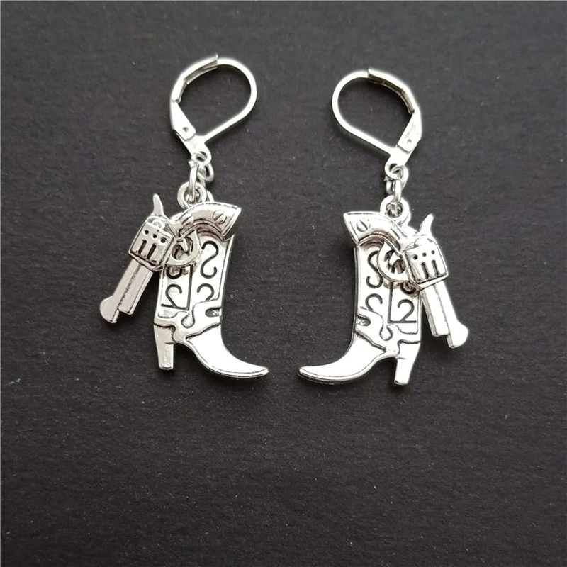 Cowboy Boot and Gun Charm Lever Back Earrings, Western Cowgirl Boot Dangle Pendant Ear Clip for Man Woman, Texas Cool Style