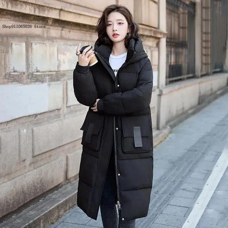 Spring and Winter Pure Color Medium Long Style Over The Knee Thick Graphene Cotton Coat Women's Bread Jacket