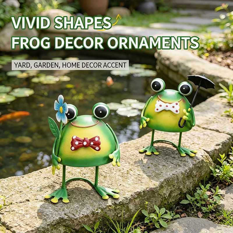 Metal Frog Garden Statue Hand Painted Iron Frog Figurine Outdoor Yard Lawn Patio Landscape Decor Ornament