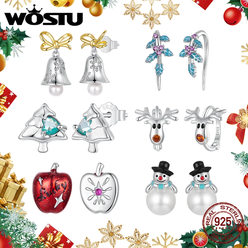 

WOSTU 925 Sterling Silver Christmas Tree Stud Earrings Snowflake & Bell Apple White Gold for Women Girl Party Fine Jewelry Gift