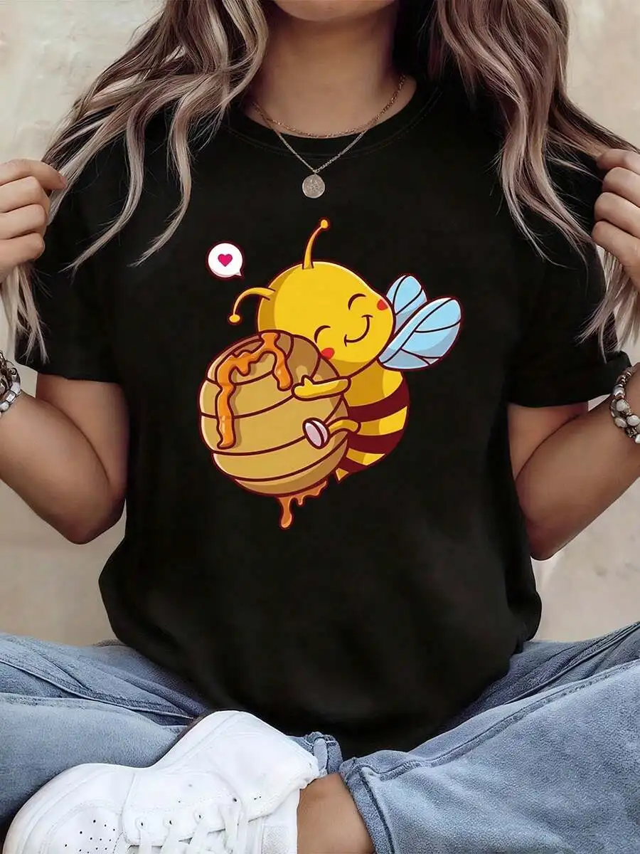 Bee Graphic Tee For Women, Stylish Charming T-Shirt, Crew Neck Short Sleeve Casual Top For Outings And Gatherings