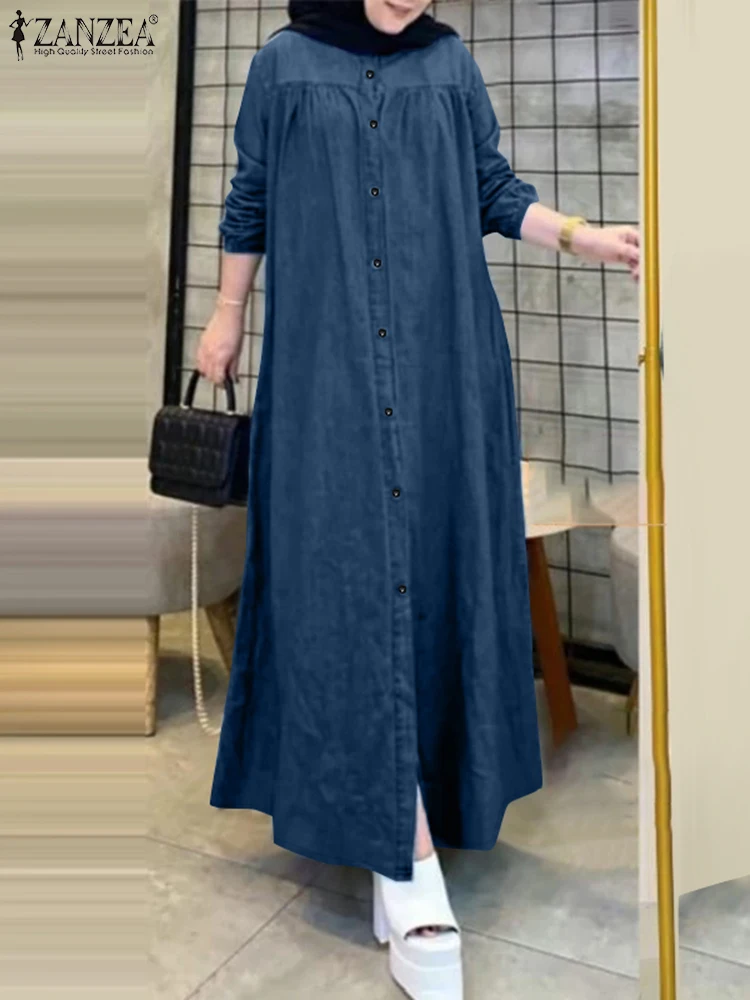 

2025 ZANZEA Vintage Kaftan Muslim Fashion Dress Abaya Women Casual Long Seeve Denim Blue Vestidos Maxi Robe IsIamic Clothing