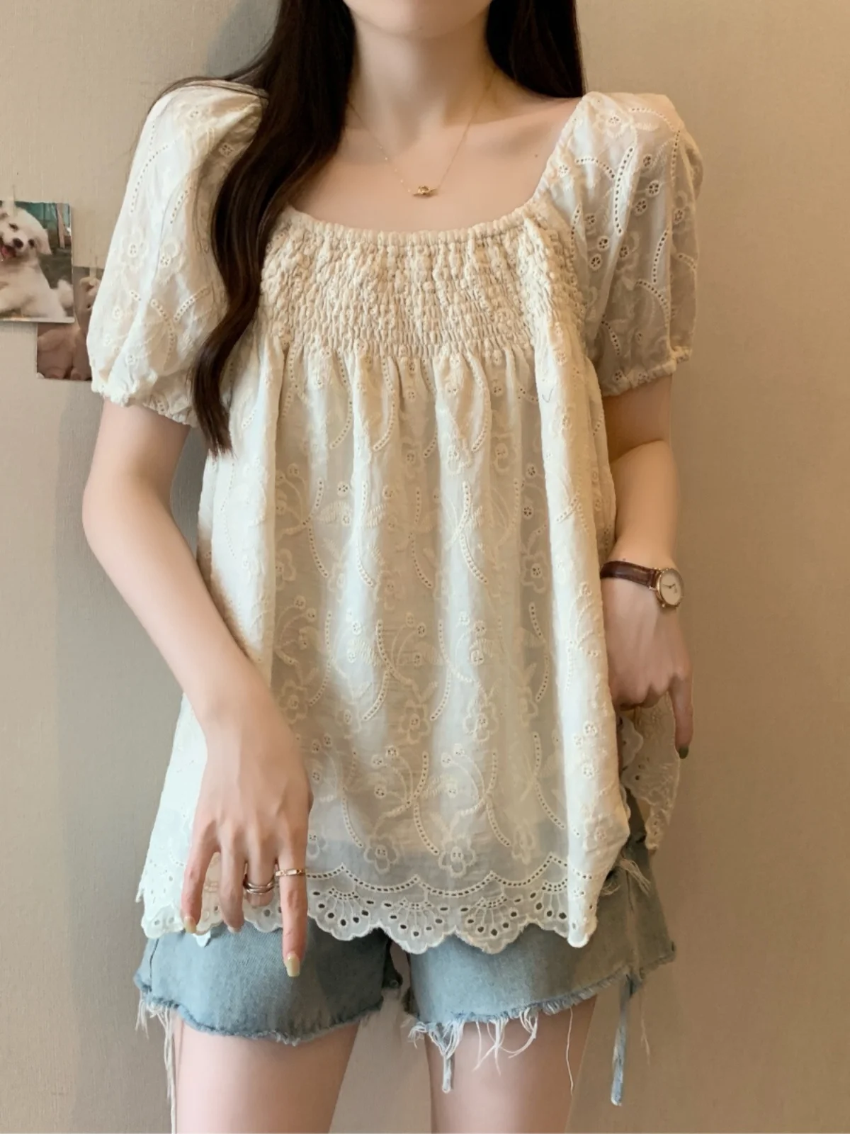 Lace Trim Short Sleeve Women's Shirt Summer plus Size Conceals Belly Doll Shirt Korean Style Bubble Sleeve Casual Top