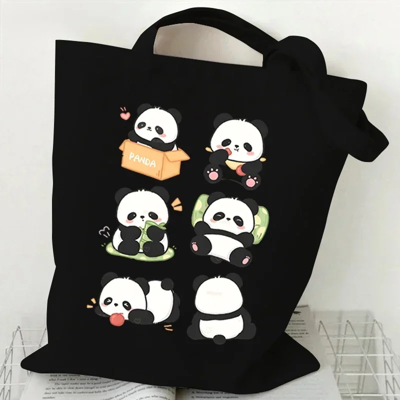 Cartoon Panda Pattern Canvas Shoulder Bag Women Portable Versatile Storage Bag Cute Animal Panda Shopping Bags Teen Girl Handbag