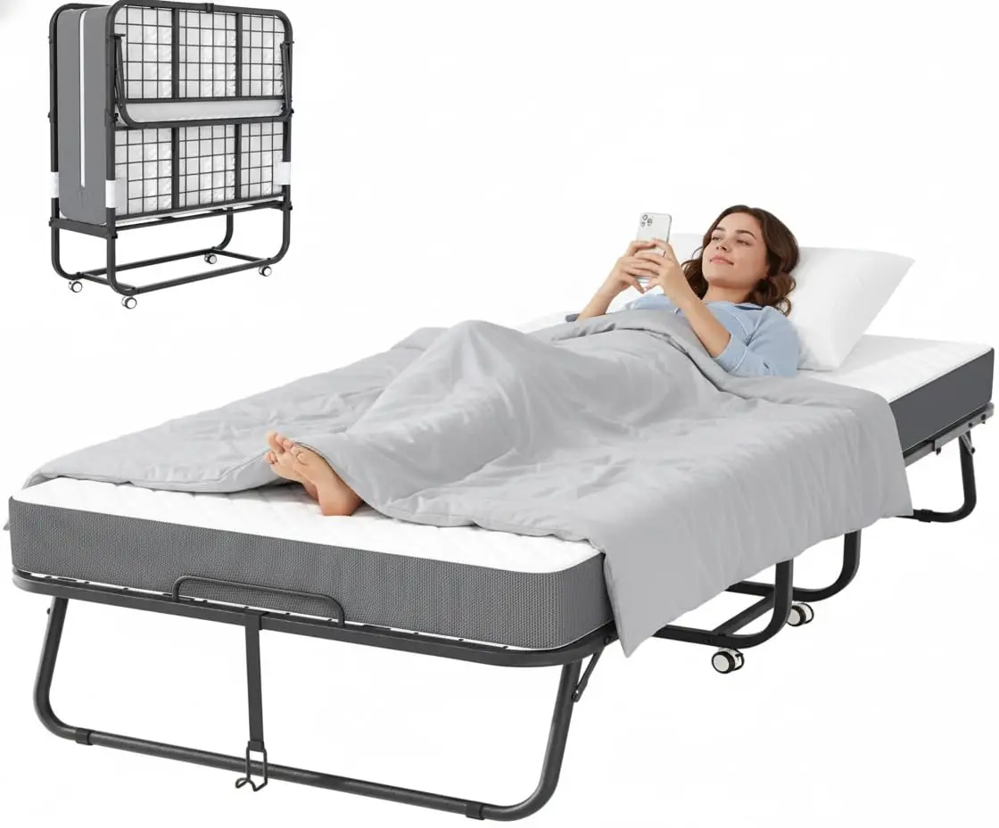 Folding Bed with Mattress Twin Roll Away Portable Bed 75