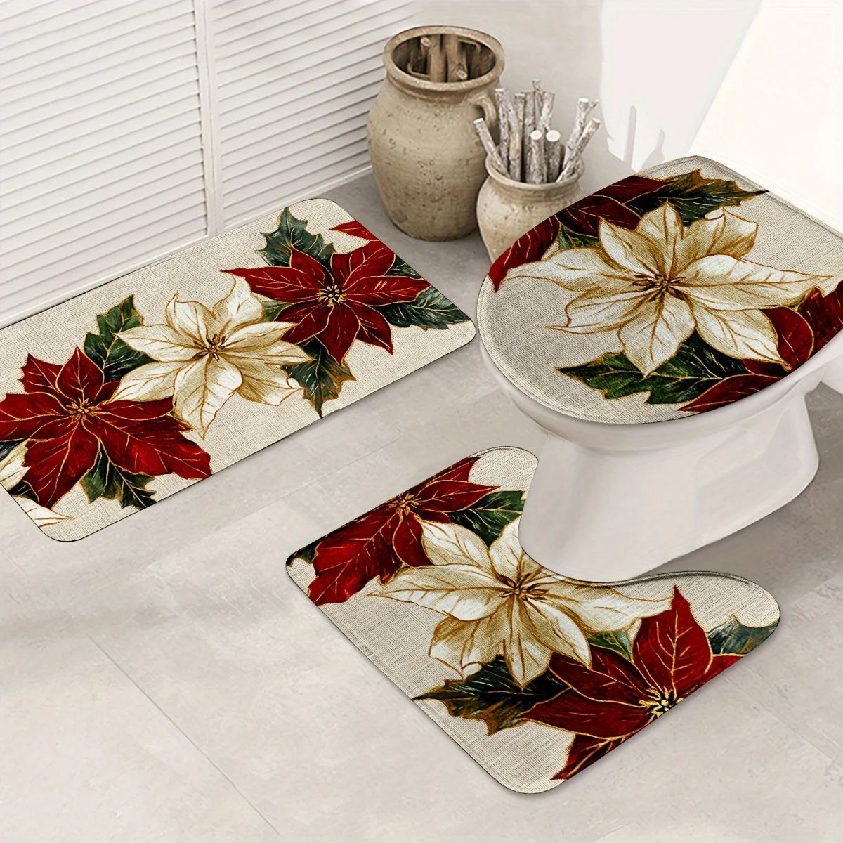 

3-Piece Non-Slip Christmas Floral Bathroom Set - Machine Washable for Bathroom Non-Slip Mats, U-Shaped Mats and Toilet Seat Mats
