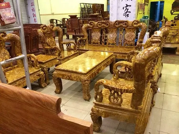 bold and thickened 10-piece set, gold camphor wood combination sofa, solid wood home sofa