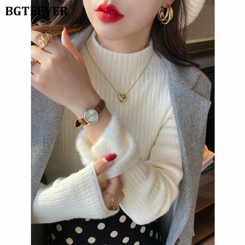 BGTEEVER Elegant Thicken Velvet Women Knitted Pullovers Jumpers Autumn Winter Half High Collar Full Sleeve Ladies Solid Sweaters