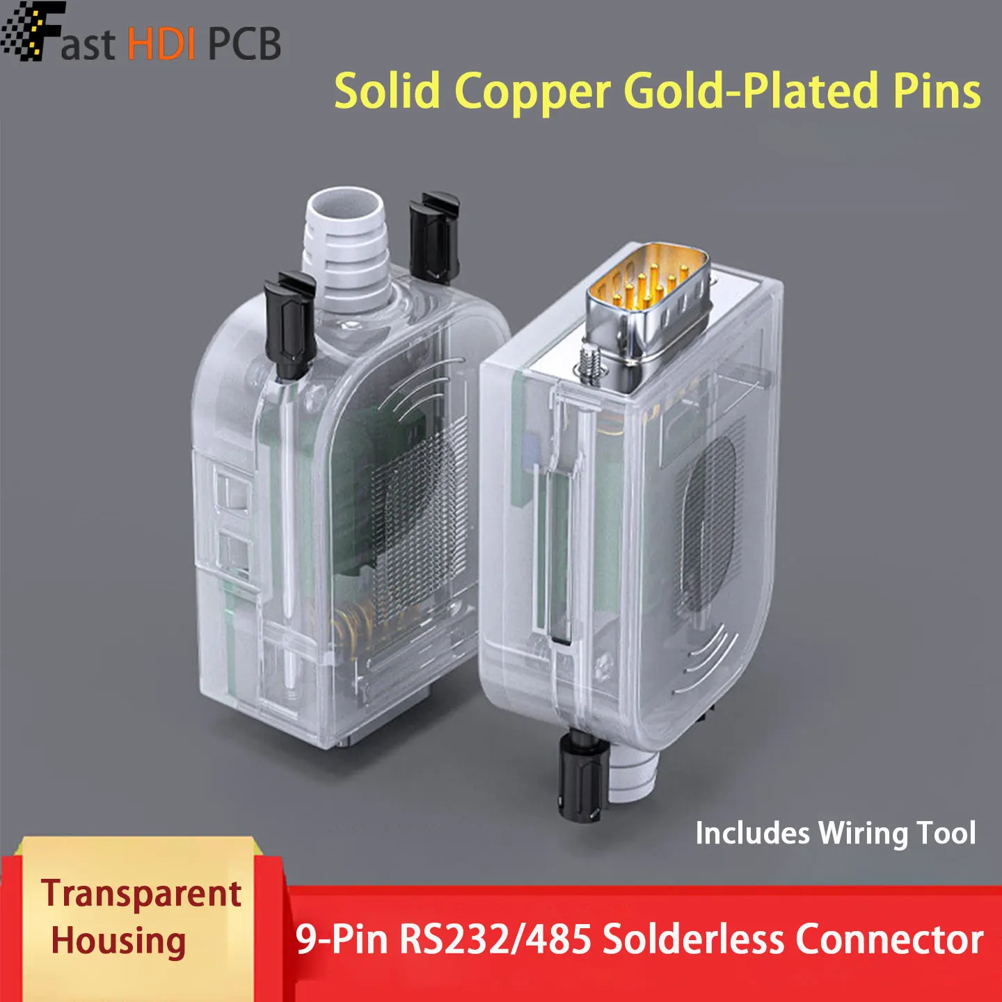 DB9 Solderless Connector Male Female 9 Pin RS232 Serial Screw Terminal with Transparent Shell – Gold Plated Solid/Stamped Pin