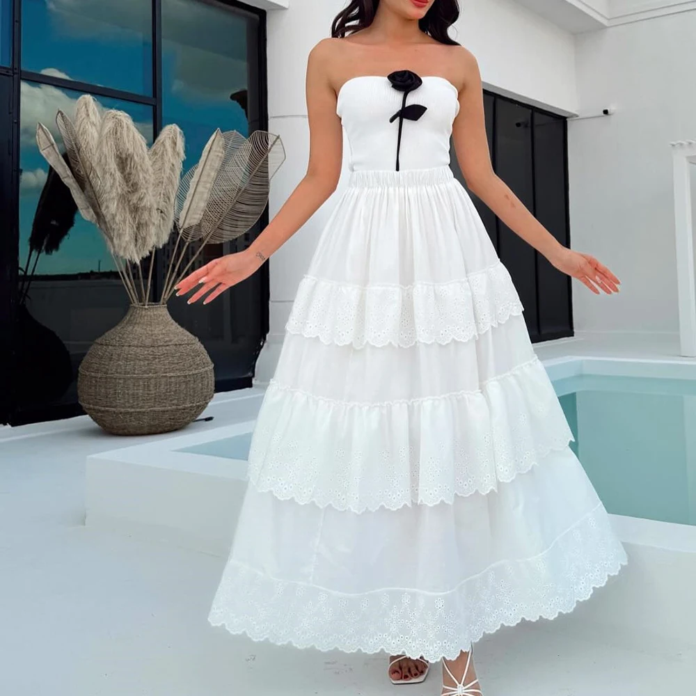 Vestidos de fiesta de encaje con gradas y flores, plisados modernos personalizados, elegantes, corte en A, hasta el tobillo, sin tirantes, vestidos de noche blancos