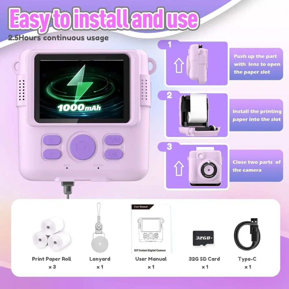 Portable Instant Print Camera for Kids with 1080P Video - Perfect Christmas & Birthday Gifts for Girls and Boys - Purple - Image 6