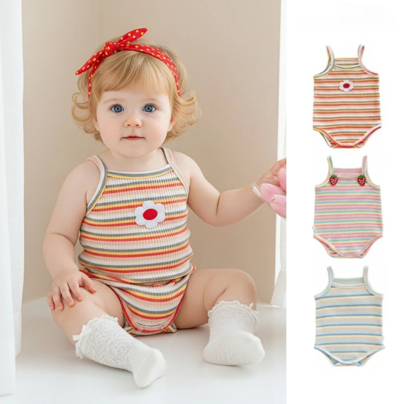 Banxidi Baby Rainbow Striped Spaghetti Strap Bodysuit | Cute Cherry & Strawberry Decor Infant Onesie with Crotch Snaps for 0-18M