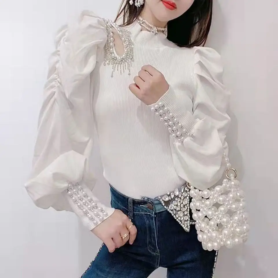 

2022 New Autumn Temperament Diamonds Stand Collar Lantern Sleeve Pullovers Ladies Ladies Hollow Out Knitting Tops Korean Pleated