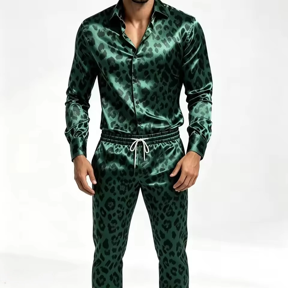 2026 New Men's Long Sleeved Two-Piece Leopard Print Silk Satin Shirt with Buttons, Elastic Pants, Casual Party Street Set view 2
