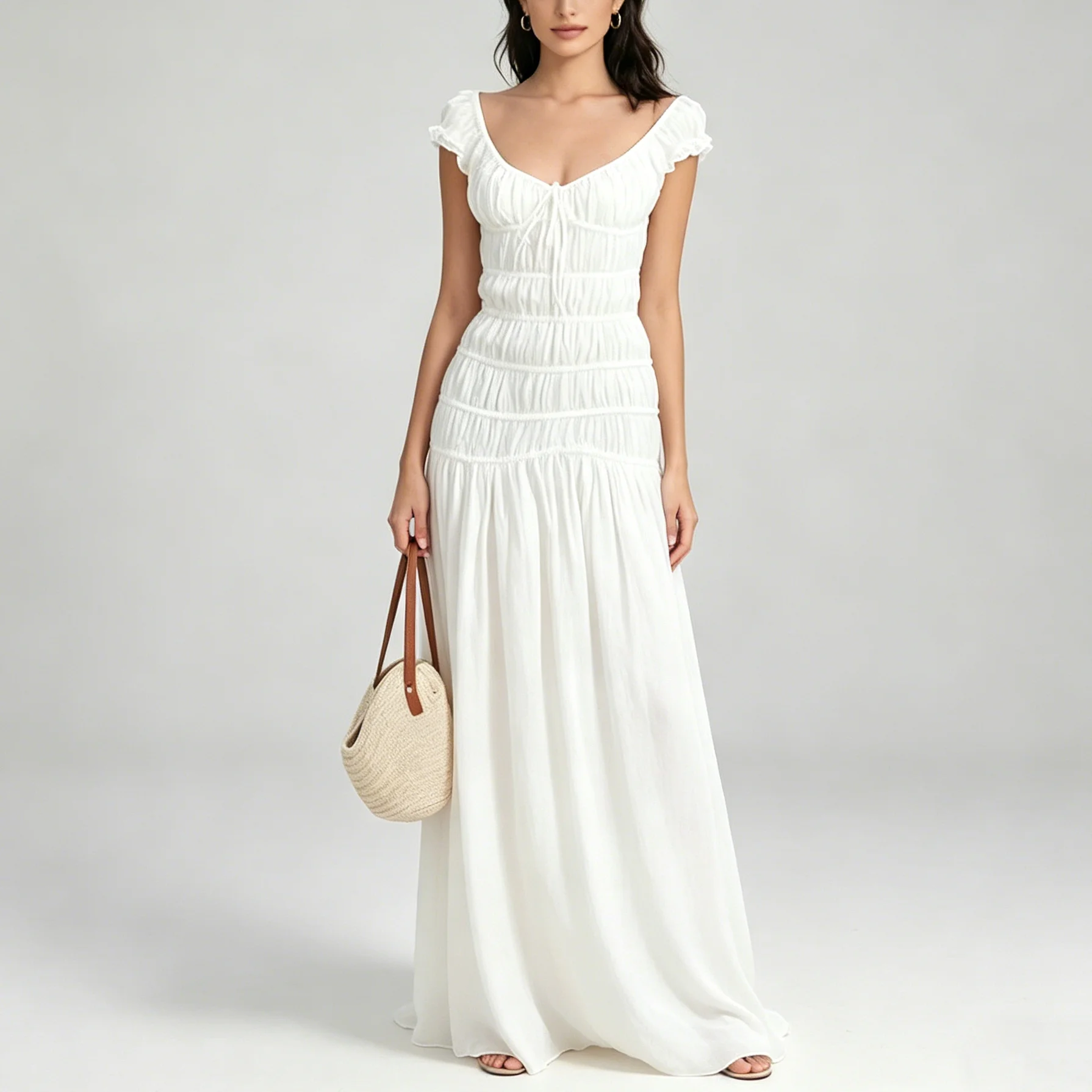 

CiCi 2026 New Smocked Maxi Dress Women Ruffle Trim Elegant Spring Summer Casual Vacation Beach Flowy Tiered