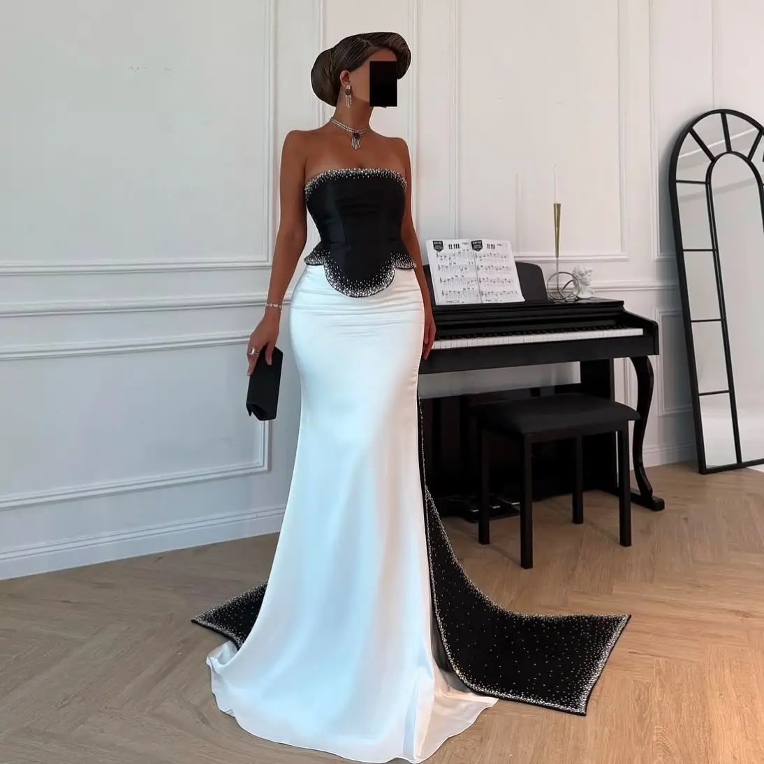 

Sharon Said Beaded Mermaid Evening Dress Black and White Satin Strapless Modest Women Wedding Party Gowns SF308 Customized