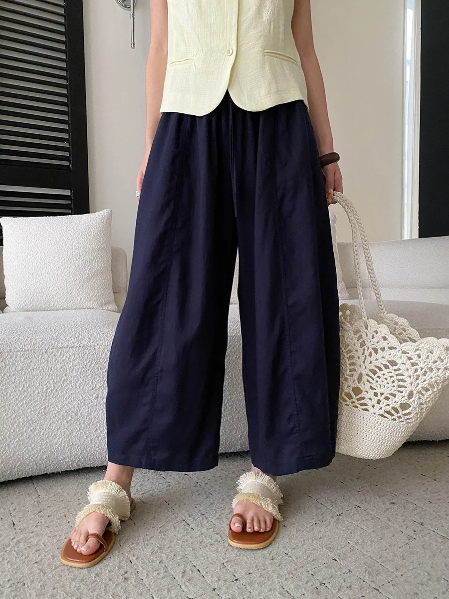Sommerliche High-Waist-Hose mit weitem Bein für Damen, lässige, einfarbige, locker sitzende Hose – Detail 3