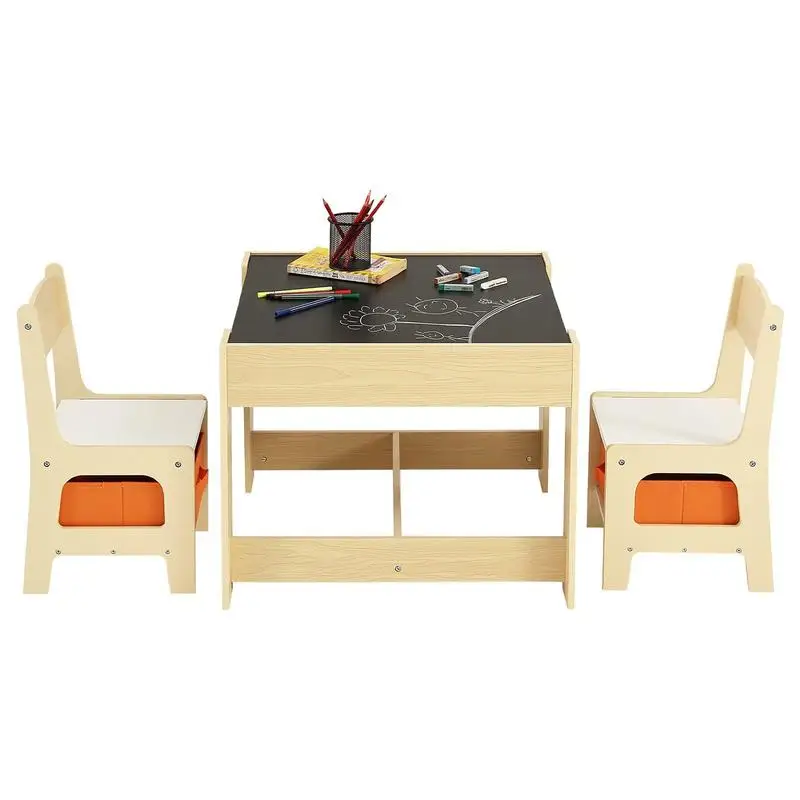 Ensemble table et 2 chaises pour enfants, table et chaises pour tout-petits avec espace de rangement sous la table, boîte de rangement en tissu sous les chaises, bureau en bois pour l'art, l'artisanat, la lecture, l'apprentissage, le dessin, couleur bois clair