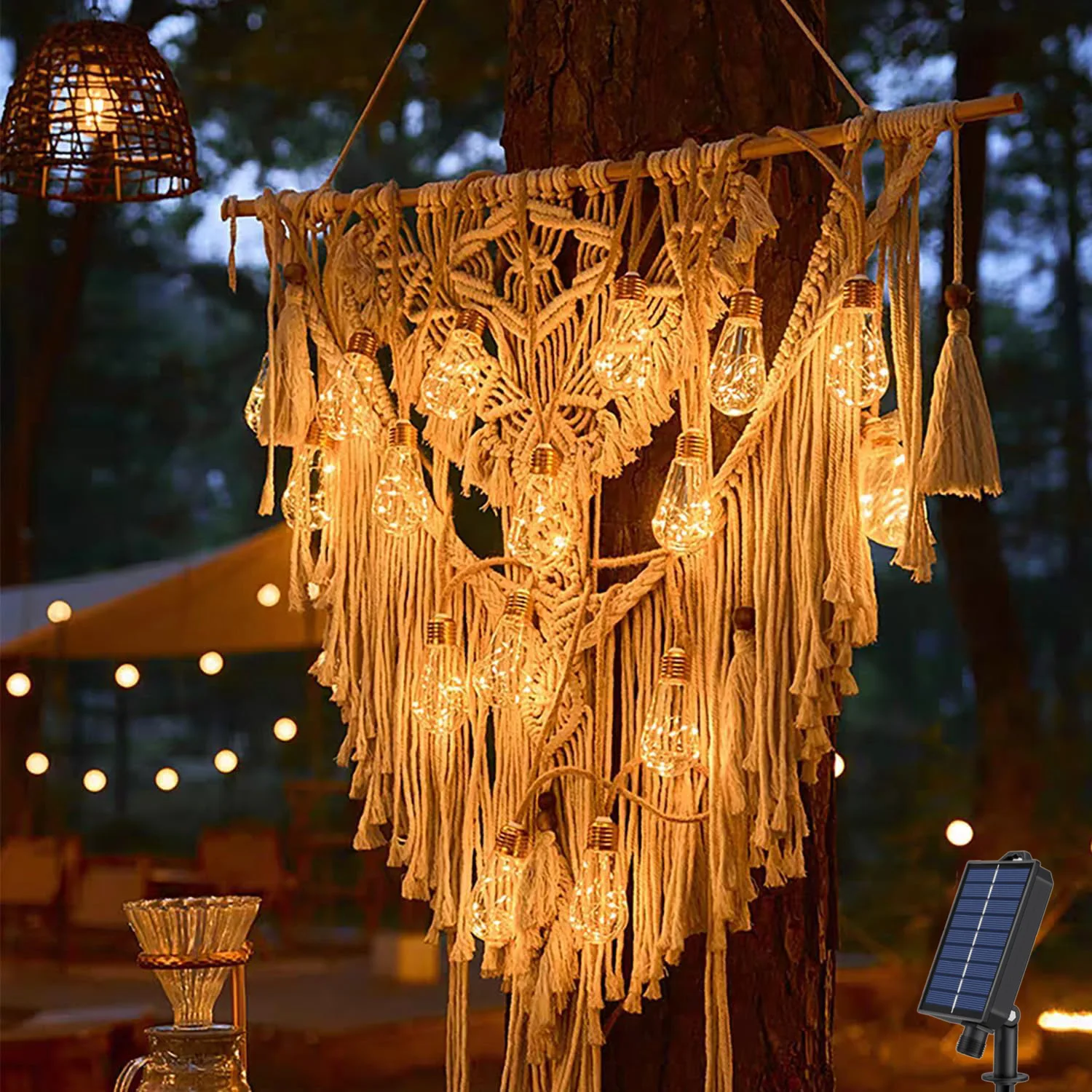 Solar Outdoor String Lights Vintage Rope Hemp Solar Patio Lamp Waterproof 16 Shatterproof Bulbs for Garden Stairs Café Bistro