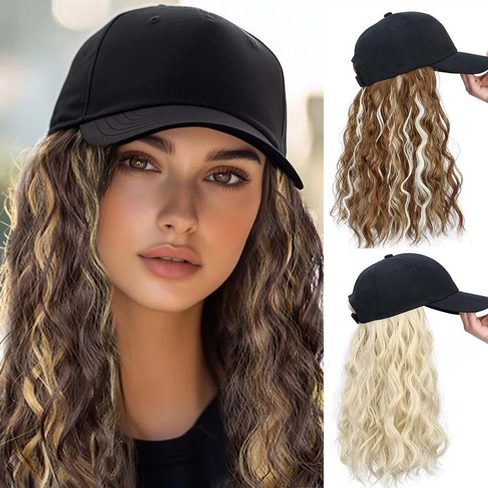 

45cm Chemical Fiber Wig Women's Baseball Cap Integrated Medium And Long Water Ripple Baseball Hat Wigs Headgear Synthetic Hair