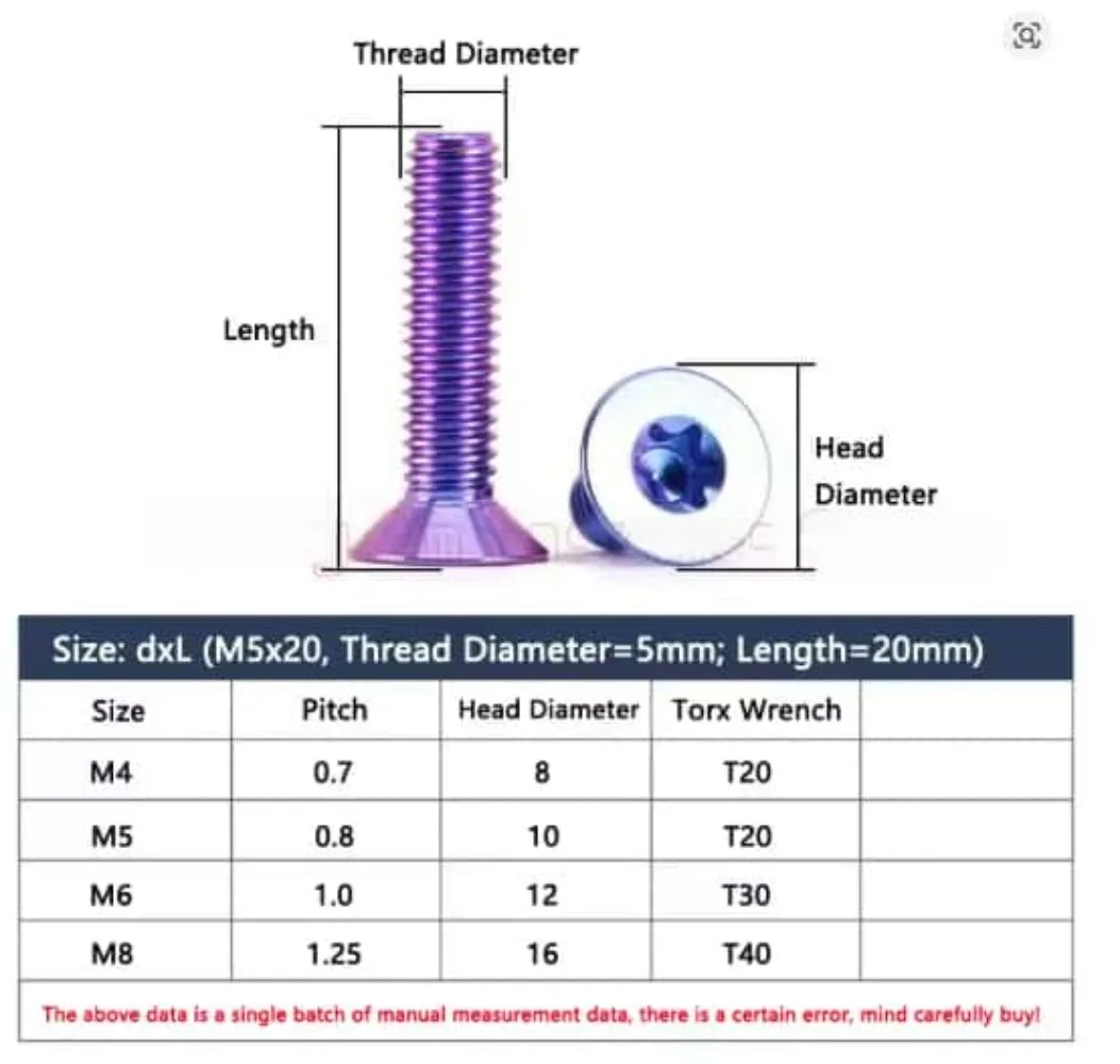 1pcs TC4 Titanium M4-M8 Torx Countersunk Bolt Motorcycle Oil Cup Cover Refit Screw 8-40mm Lightweight High Strength Fastener
