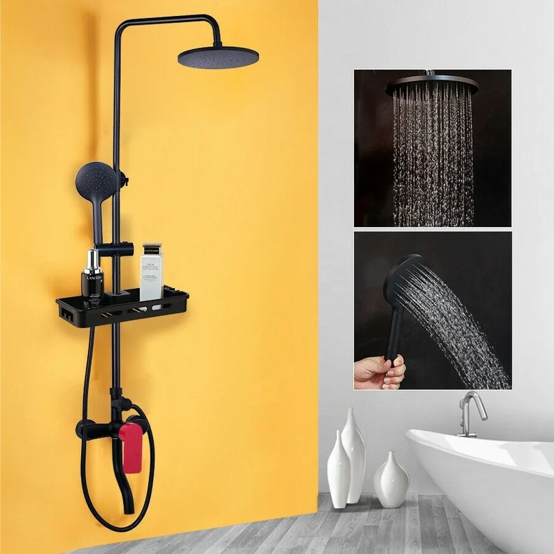 

Round Black Wall Mount Shower Head 3-Way Mixer Hand Faucet Shower Gel Shelf Set Bathroom Shower Set