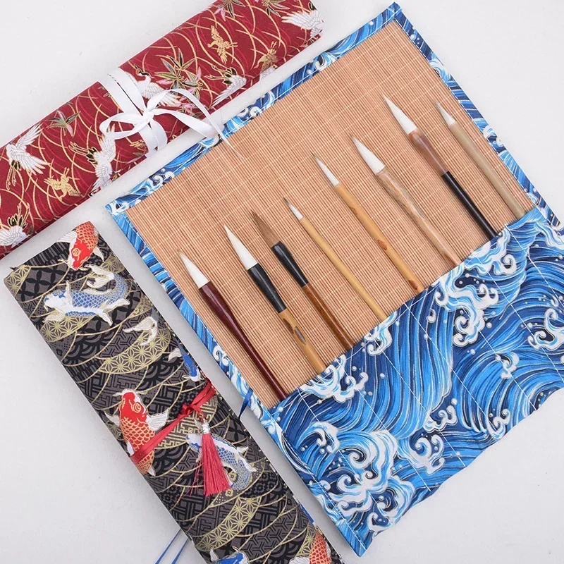 Étui de peinture style haut de gamme, brosse rétro, rouleau de stylo à broder, sac de fournitures scolaires en bambou, outils de protection artistique chinois