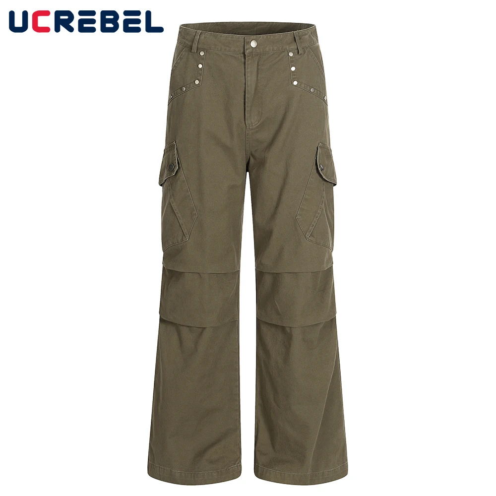

Multi-Pocket Cargo Pants Mens with Rivets Pleated High Street Straight Flare Pants Men Trousers