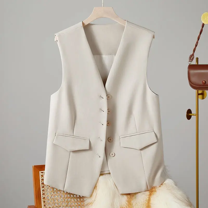 

#0722 Black Beige Office Vest Waistcoat Women V-neck Sexy Short Sleeveless Blazer Vest Buttons Irregular Vest Coat Female Thin