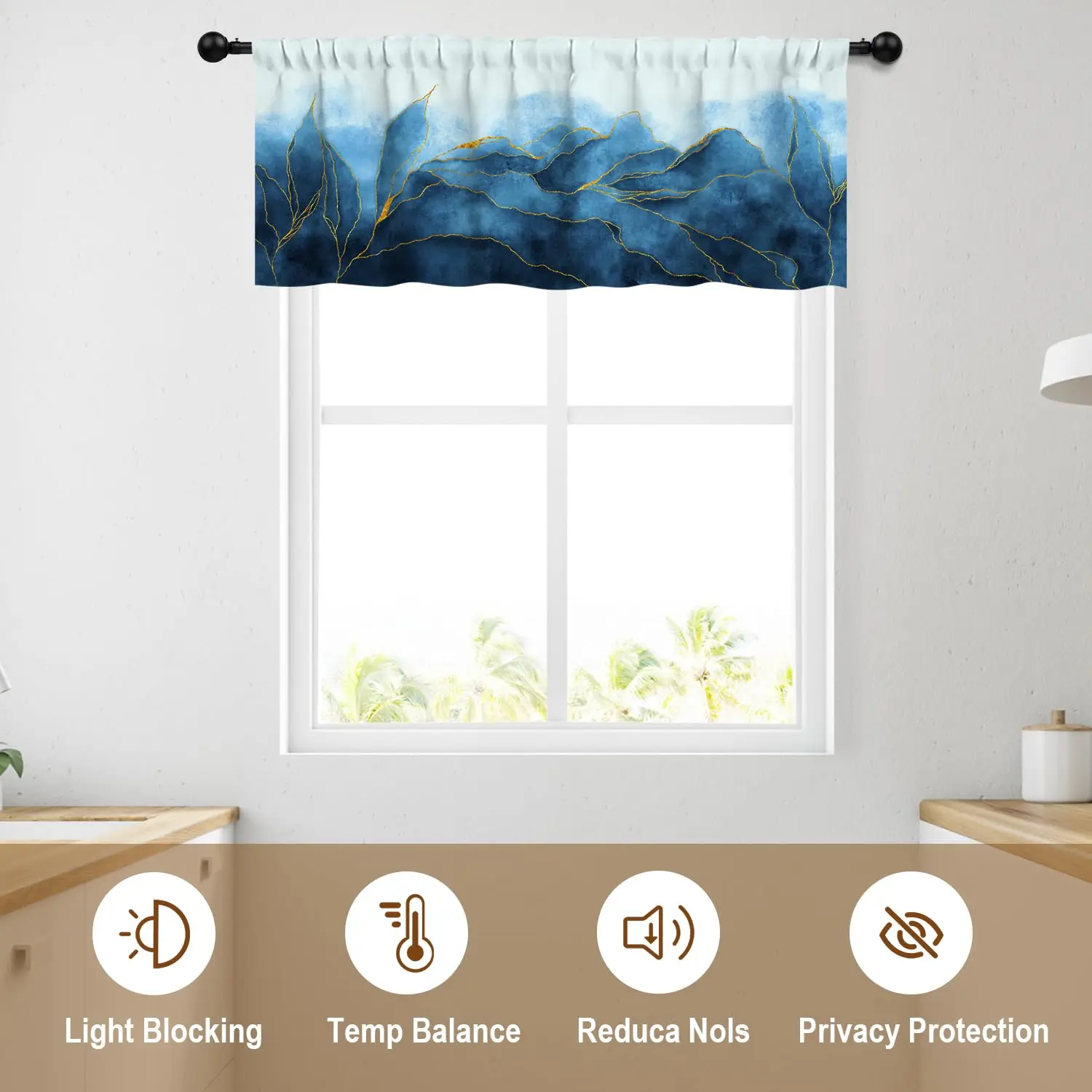 4 Panels Blue Watercolor Marble Valances Window Treatments Curtain Valances for Kitchen Windows/Living Room/Bathroom/Bedroom ﻿