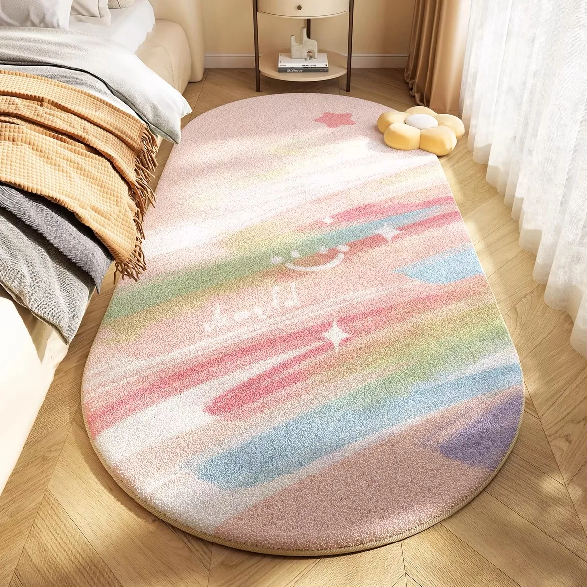 VIKAMAM Rainbow Imitation Cashmere Carpet Bedroom Plush Bed Mat Children Girls Room Decorated With Non-Slip Long Carpet