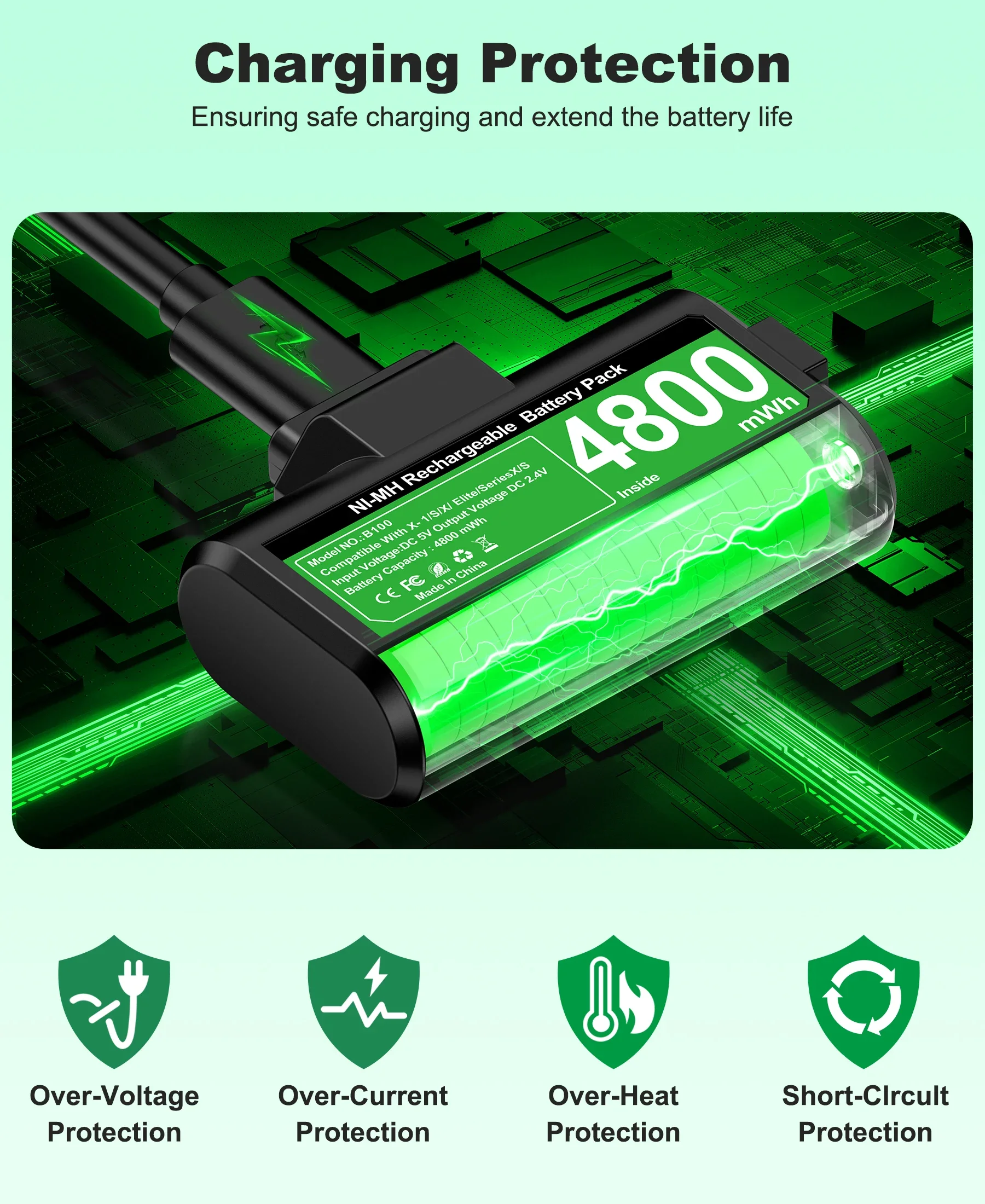 BEBONCOOL 2×4800mWh Rechargeable Battery Pack for Xbox One Xbox Series X|S+Charging Cable