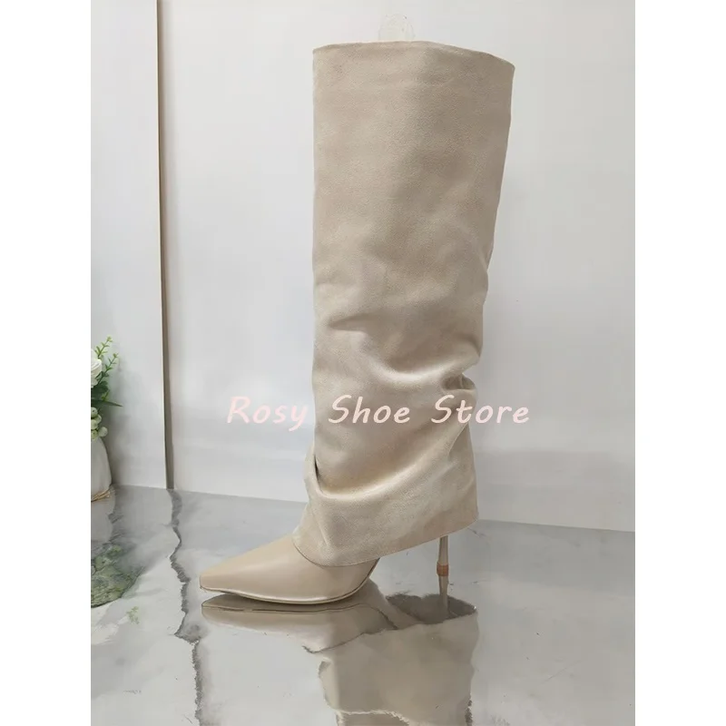 

Multicolor Leather Sexy Pointed Toe Pleated Design Knee-High Boot Leather Patchwork Suede Fashion Design Autumn Coat Match Boots
