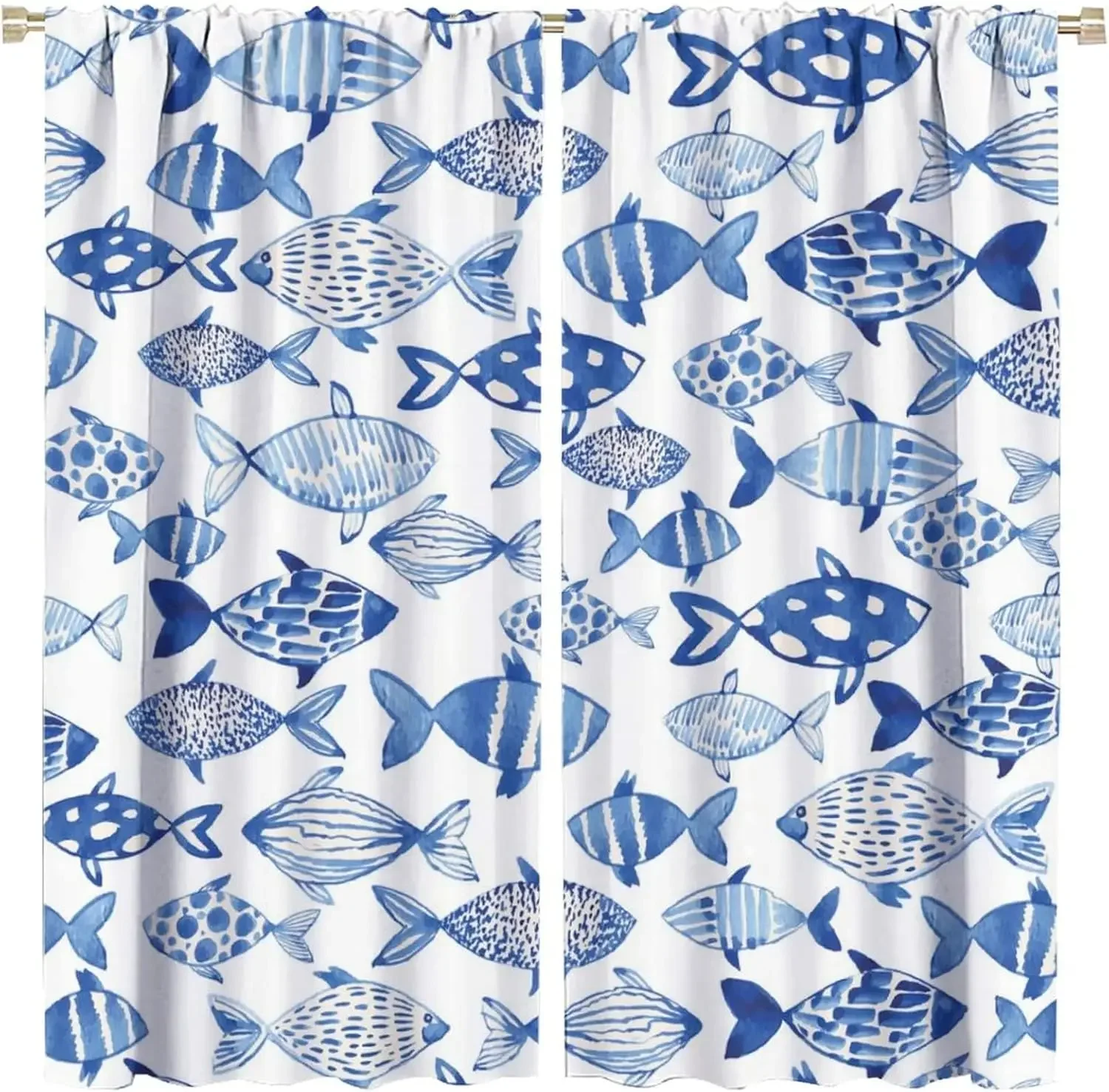 Boho Nautical Fish Blackout Curtains,Abstract Retro Sea Animal Fish Theme Window Treatments Rod Pocket Thermal Insulated Room