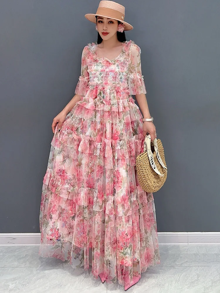 SHENGPALAE Women's Dress Printed Middle Sleeve Large Swing Long Dress Cake Dress Elegant Ladies Clothes 2024 Summer New 5R9961