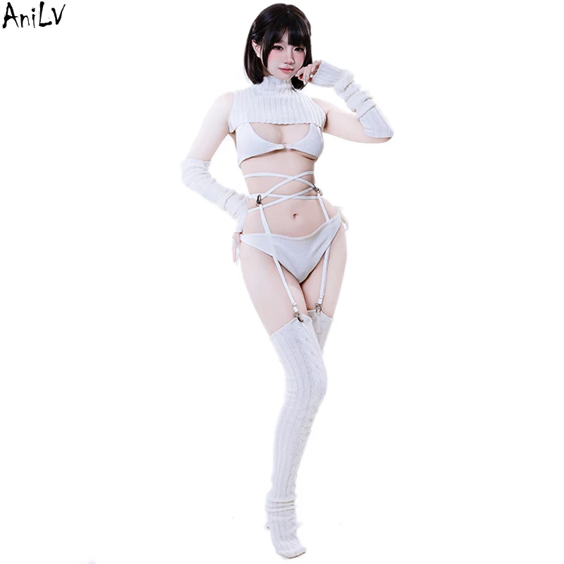 AniLV Anime Girl Knitted Underwear Set Uniform Women High Collar Sweater Outfits Temperament Lingerie Pajamas Erotic Costumes