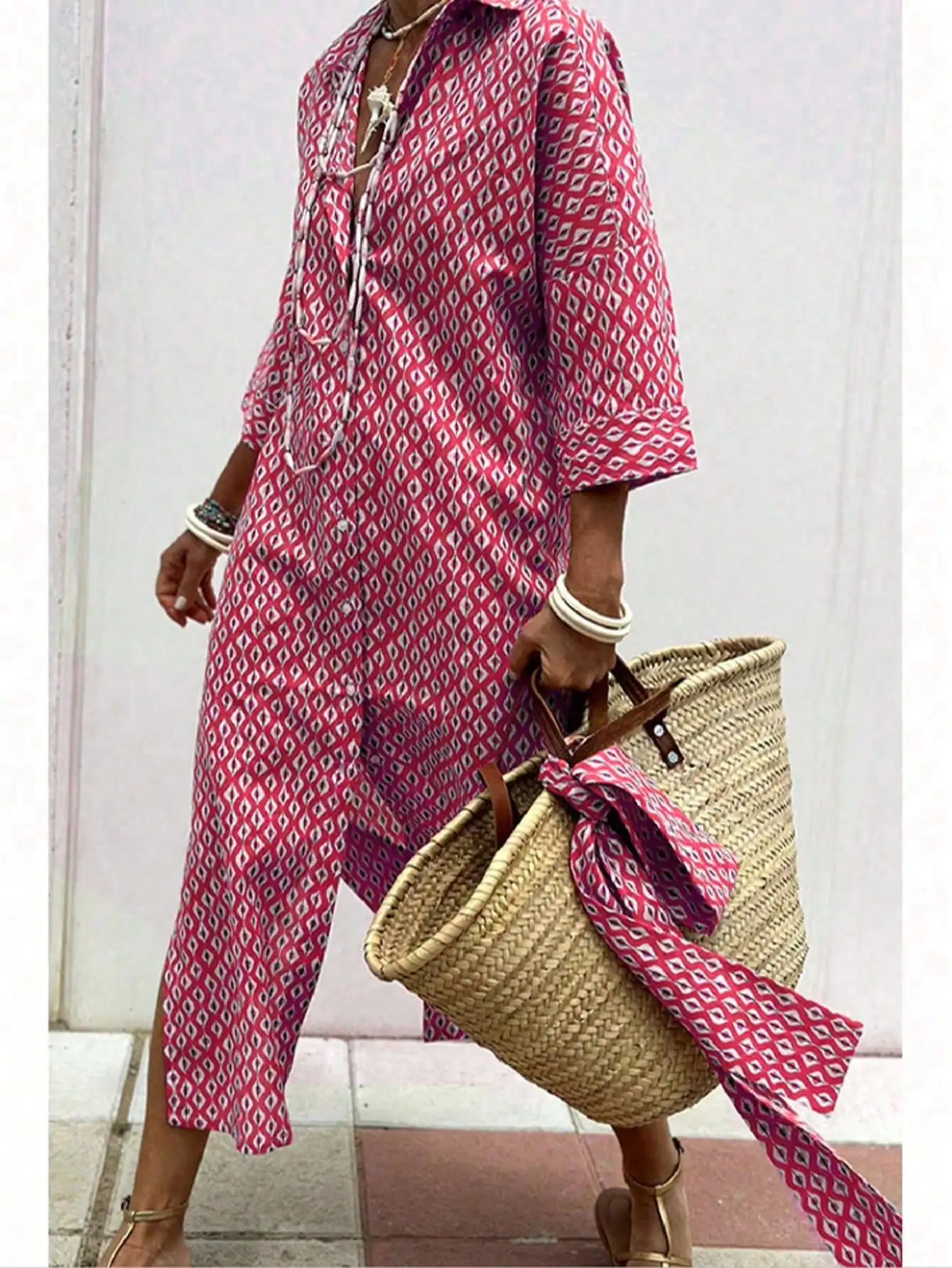 Women's Casual Striped Shirt Dress 3/4 Sleeve Button down Maxi with Belt Summer Linen Look Long Tunic Dress