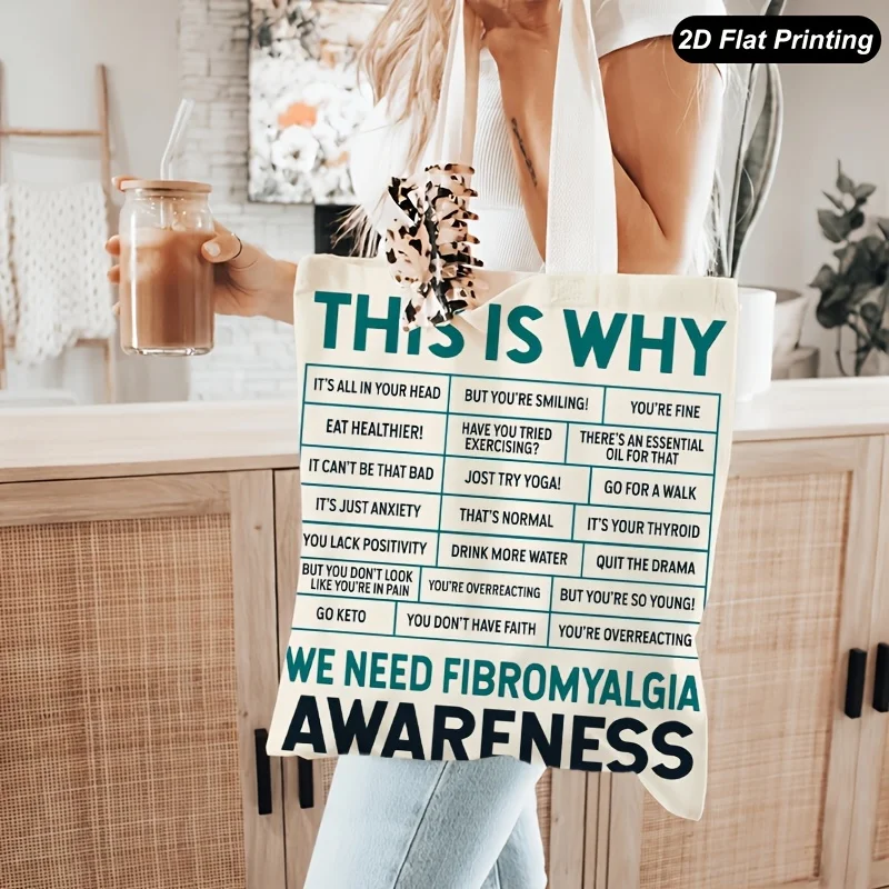 1pc Fibromyalgia Awareness Printed Tote Bag, Reusable Shopping Bag, Suitable for Daily Use, Shopping, School and Travel