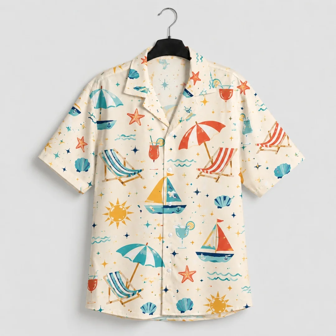 Men Hawaiian 2‑Piece Set Beach Umbrella Sailboat Sun Print Short Sleeve Shirt+Drawstring Shorts Summer Vacation Outfit