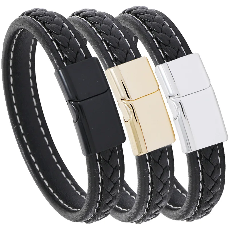 Classic Strands Braided Genuine Leather Bracelet Men Jewelry Charms Design Stainless Steel Bracelets For Women Friend Gift
